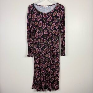 Boden Evelyn Midi Dress Womens 6 Petite Paisley Pink Black Long Sleeve